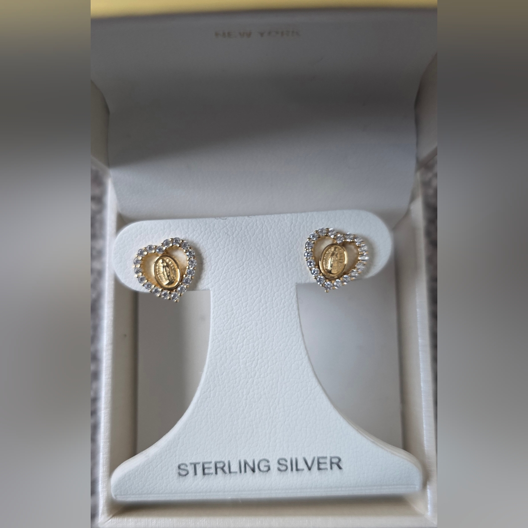 Heart-Shaped Virgin Mary Stud Earrings, 14k Yellow Gold
